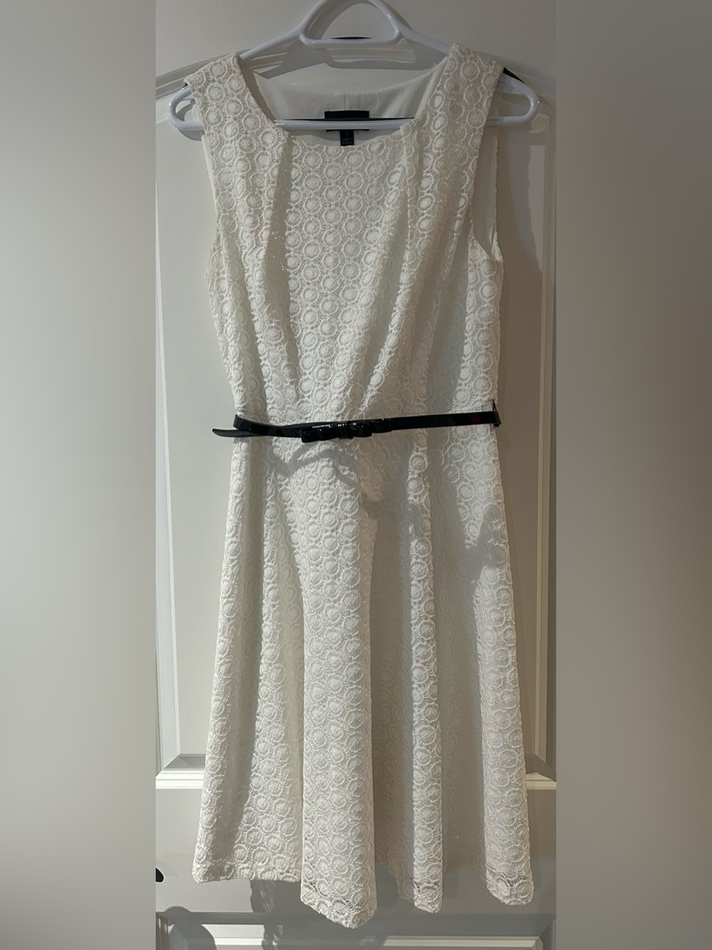 White Lace Fit-and-Flare Knee Length Dress with Black Patent Belt